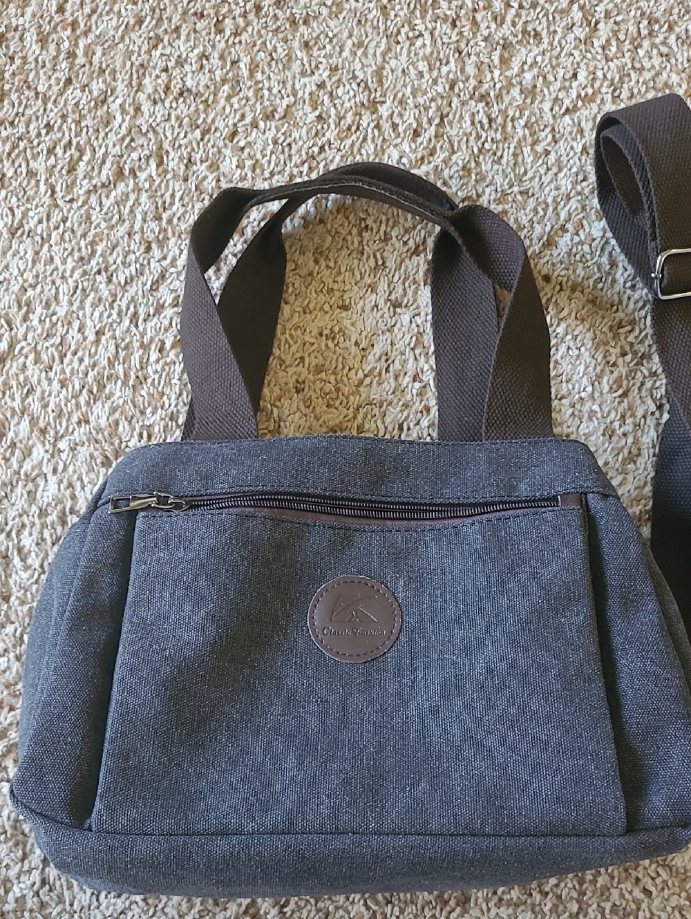 Gray Canvas Messenger Bag with Three Compartments